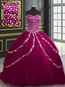 Elegant Burgundy and Fuchsia Sleeveless With Train Beading and Appliques Lace Up Sweet 16 Dresses
