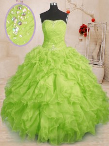 Extravagant Sleeveless Floor Length Beading and Ruffles and Ruching Lace Up Quince Ball Gowns with Yellow Green