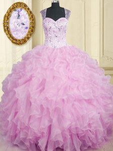 Lilac Ball Gowns Organza Straps Sleeveless Beading and Ruffles Floor Length Zipper Vestidos de Quinceanera