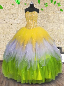 Multi-color Ball Gowns Beading and Ruffles and Sequins 15th Birthday Dress Lace Up Tulle Sleeveless Floor Length