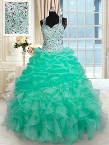 Stunning Turquoise Zipper Straps Beading and Ruffles Quinceanera Dress Organza Sleeveless