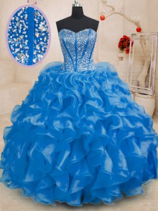 Luxury Floor Length Royal Blue Sweet 16 Quinceanera Dress Organza Sleeveless Beading and Ruffles