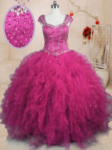 Tulle Square Cap Sleeves Lace Up Beading and Ruffles Sweet 16 Dress in Fuchsia