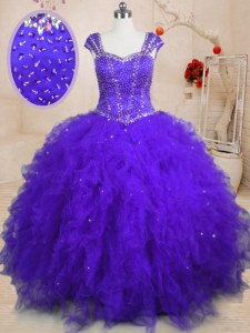 Spectacular Purple Ball Gowns Square Cap Sleeves Tulle Floor Length Lace Up Beading and Ruffles and Sequins Quinceanera Dresses