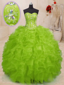 Superior Sweetheart Sleeveless Quinceanera Gown Floor Length Beading and Ruffles Yellow Green Organza