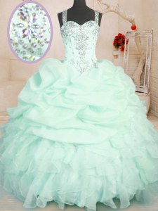 Apple Green Ball Gowns Straps Sleeveless Organza Floor Length Zipper Beading and Ruffles and Pick Ups Sweet 16 Dress