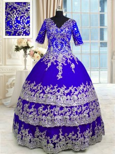 Blue Ball Gowns Appliques and Ruffled Layers Vestidos de Quinceanera Zipper Satin and Tulle Half Sleeves Floor Length