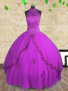Glamorous Halter Top Tulle Sleeveless Floor Length 15 Quinceanera Dress and Beading