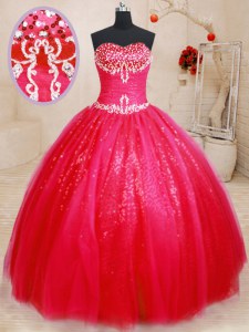 Lovely Floor Length Lace Up Quince Ball Gowns Red for Military Ball and Sweet 16 and Quinceanera with Beading