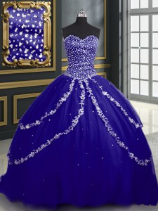 Shining Blue Lace Up 15 Quinceanera Dress Beading and Appliques Sleeveless With Brush Train