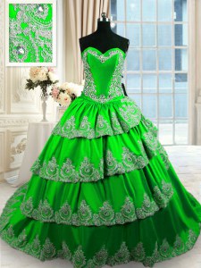Taffeta Sweetheart Sleeveless Court Train Lace Up Beading and Appliques and Ruffled Layers Ball Gown Prom Dress in