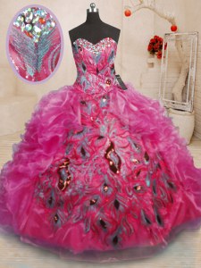 Hot Pink Sleeveless Floor Length Beading and Appliques and Ruffles Lace Up 15th Birthday Dress