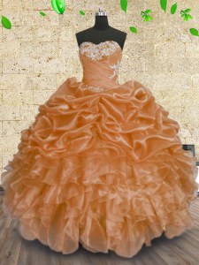 New Arrival Orange Ball Gowns Organza Sweetheart Sleeveless Beading and Appliques and Ruffles and Sequins Floor Length Lace Up Sweet 16 Dresses
