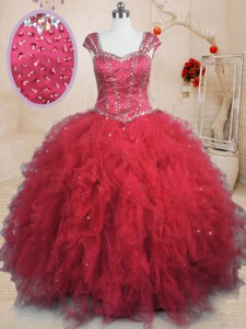 Pretty Red Cap Sleeves Floor Length Beading and Ruffles Lace Up Quinceanera Dress