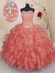 Nice Watermelon Red Sweetheart Neckline Beading and Ruffles 15 Quinceanera Dress Sleeveless Lace Up