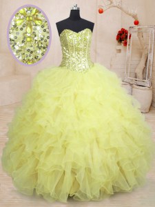 Cheap Light Yellow Sleeveless Beading and Ruffles Floor Length Quince Ball Gowns