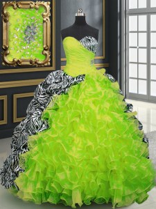 Exceptional Printed Yellow Green Lace Up Quinceanera Gown Beading and Ruffles and Pattern Sleeveless With Brush Train