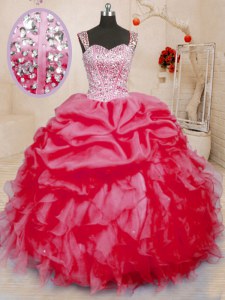 Comfortable Coral Red Ball Gowns Straps Sleeveless Organza Floor Length Lace Up Beading and Ruffles and Pick Ups Quince Ball Gowns