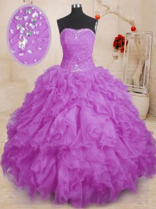 Cute Purple Ball Gowns Strapless Sleeveless Organza Floor Length Lace Up Beading and Ruffles and Ruching Vestidos de Quinceanera