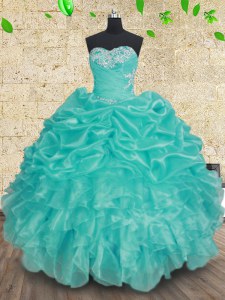 Ball Gowns Quince Ball Gowns Aqua Blue Sweetheart Organza Sleeveless Floor Length Lace Up