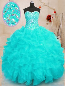 Aqua Blue Sweetheart Lace Up Beading and Ruffles and Sequins Quinceanera Dresses Sleeveless