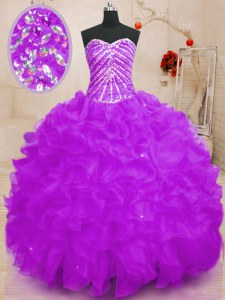 Purple Lace Up Sweetheart Beading and Ruffles and Sequins Quinceanera Gown Organza Sleeveless