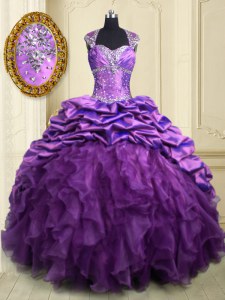 Lovely Beading and Ruffles and Pick Ups Sweet 16 Dress Purple Lace Up Cap Sleeves With Brush Train