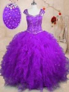 Pretty Purple Ball Gowns Tulle Square Cap Sleeves Beading and Ruffles Floor Length Lace Up Sweet 16 Dresses