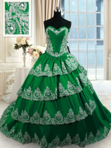 Charming Ruffled Sweetheart Sleeveless Court Train Lace Up Sweet 16 Dresses Dark Green Taffeta
