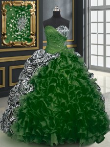 High End Printed With Train Lace Up Quinceanera Gown Dark Green for Military Ball and Sweet 16 and Quinceanera with Beading and Ruffles and Pattern Brush Train