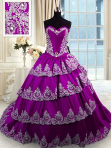 Free and Easy Sweetheart Sleeveless 15th Birthday Dress With Train Beading and Appliques and Ruffled Layers Eggplant Purple Taffeta