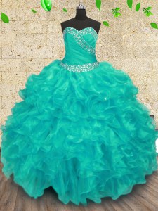 Sumptuous Organza Sweetheart Sleeveless Lace Up Beading Quince Ball Gowns in Turquoise