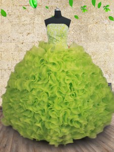 Strapless Sleeveless Lace Up Quince Ball Gowns Yellow Green Organza