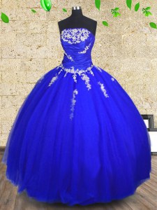 Delicate Royal Blue Lace Up Quinceanera Dress Appliques and Ruching Sleeveless Floor Length