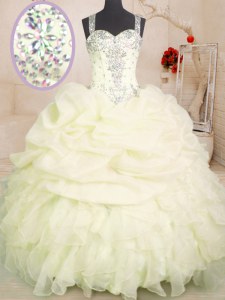 Most Popular Floor Length Light Yellow Quinceanera Dress Organza Sleeveless Beading and Ruffles and Pick Ups