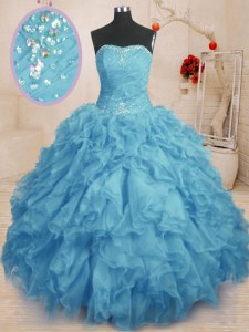 Floor Length Baby Blue Ball Gown Prom Dress Organza Sleeveless Beading and Ruffles and Ruching