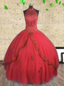 Halter Top Floor Length Lace Up Quince Ball Gowns Red for Military Ball and Sweet 16 and Quinceanera with Beading