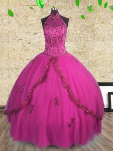 Sumptuous Fuchsia Ball Gowns Halter Top Sleeveless Tulle Floor Length Lace Up Beading Sweet 16 Dresses