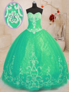 Fantastic Beading and Embroidery 15th Birthday Dress Turquoise Lace Up Sleeveless Floor Length