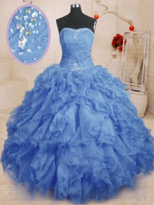 Best Ball Gowns Quinceanera Gowns Blue Strapless Organza Sleeveless Floor Length Lace Up