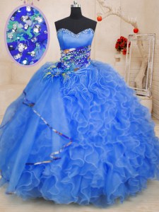 Best Selling Organza Sweetheart Sleeveless Lace Up Beading and Ruffles Sweet 16 Dresses in Blue