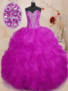 Customized Ball Gowns 15th Birthday Dress Fuchsia Sweetheart Organza Sleeveless Floor Length Lace Up