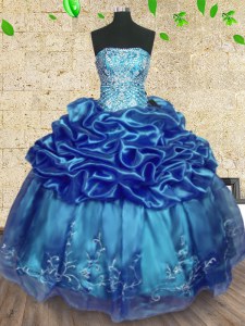 Trendy Ball Gowns Quinceanera Dress Teal Strapless Organza Sleeveless Floor Length Lace Up