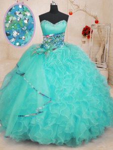 New Arrival Aqua Blue Organza Lace Up Sweetheart Sleeveless Floor Length Vestidos de Quinceanera Beading and Ruffles