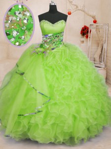 Low Price Yellow Green Ball Gowns Organza Sweetheart Sleeveless Beading and Ruffles Floor Length Lace Up Quinceanera Dresses