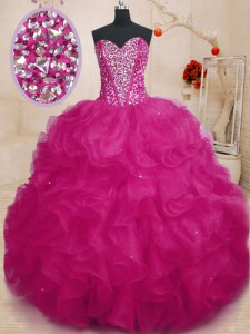 Graceful Sweetheart Sleeveless Sweet 16 Dresses Floor Length Beading and Ruffles Fuchsia Organza