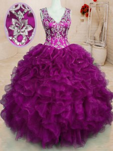 V-neck Sleeveless Organza Sweet 16 Dresses Beading and Embroidery and Ruffles Backless