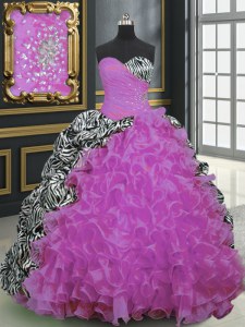 Amazing Printed Fuchsia Lace Up Vestidos de Quinceanera Beading and Ruffles and Pattern Sleeveless With Brush Train