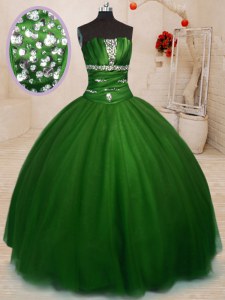 Elegant Tulle Strapless Sleeveless Lace Up Beading 15 Quinceanera Dress in Green