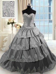 Extravagant With Train Lace Up Quince Ball Gowns Grey for Military Ball and Sweet 16 and Quinceanera with Beading and Appliques and Ruffled Layers Court Train